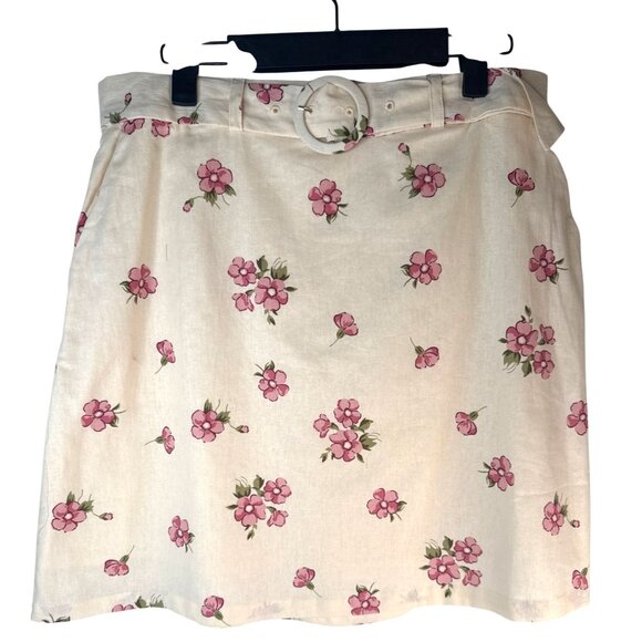 2/$30 Princess Highway Size US 8 Floral Linen Blend Skirt W/ Belt Cream & Pink - Picture 3 of 16